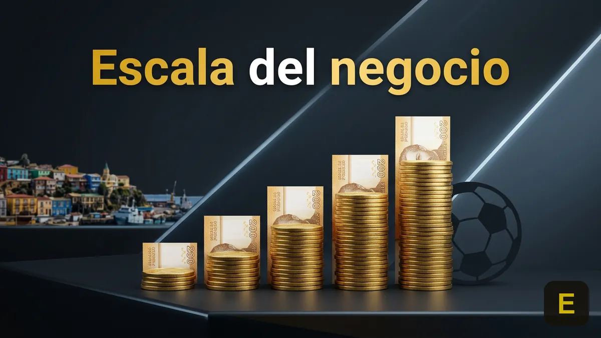 Monedas doradas y billetes que representan la escala del negocio de Ecuabet, con Valparaíso de fondo